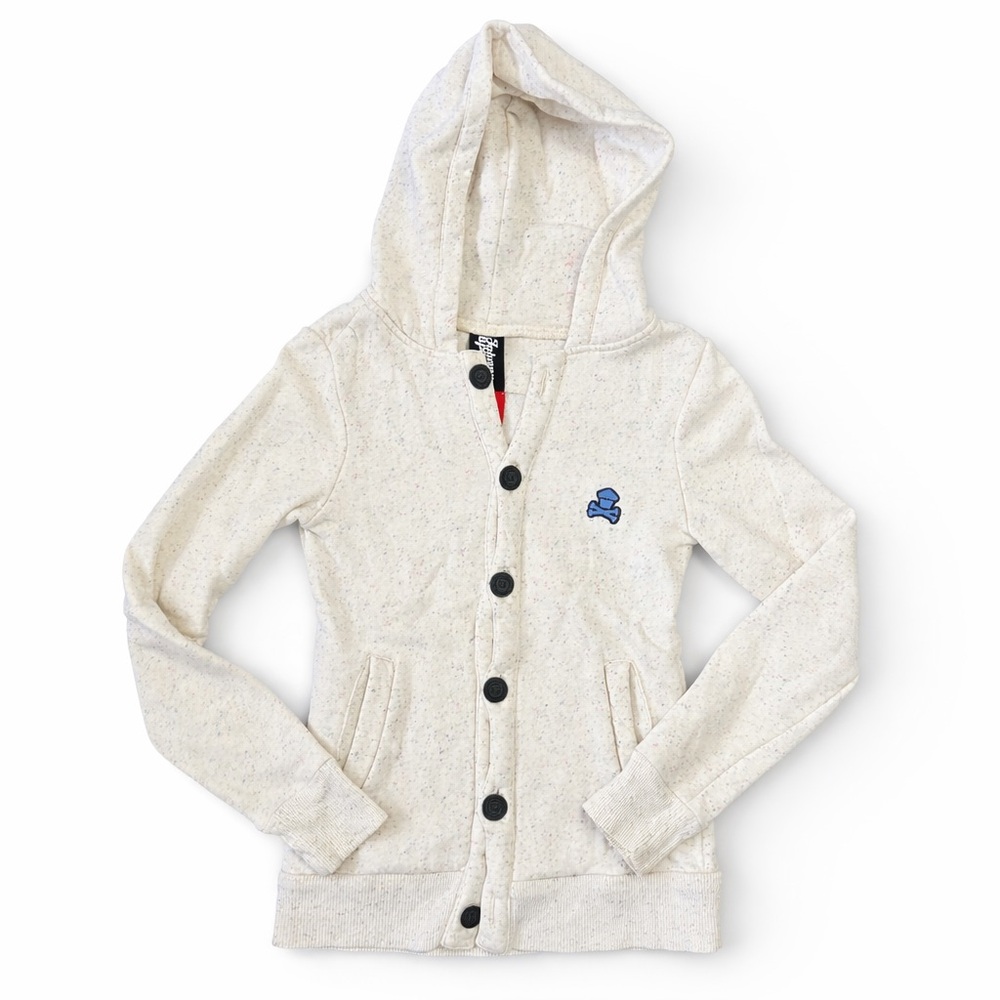 Johnny Cupcakes Cream Speckled Button-Front Hoodie with Blue Logo - Picture 1 of 11